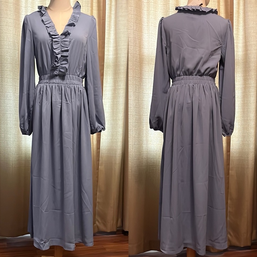 Blue Gray Victorian Style Ruffled V-Neck Long Sleeve Dress Womens Medium